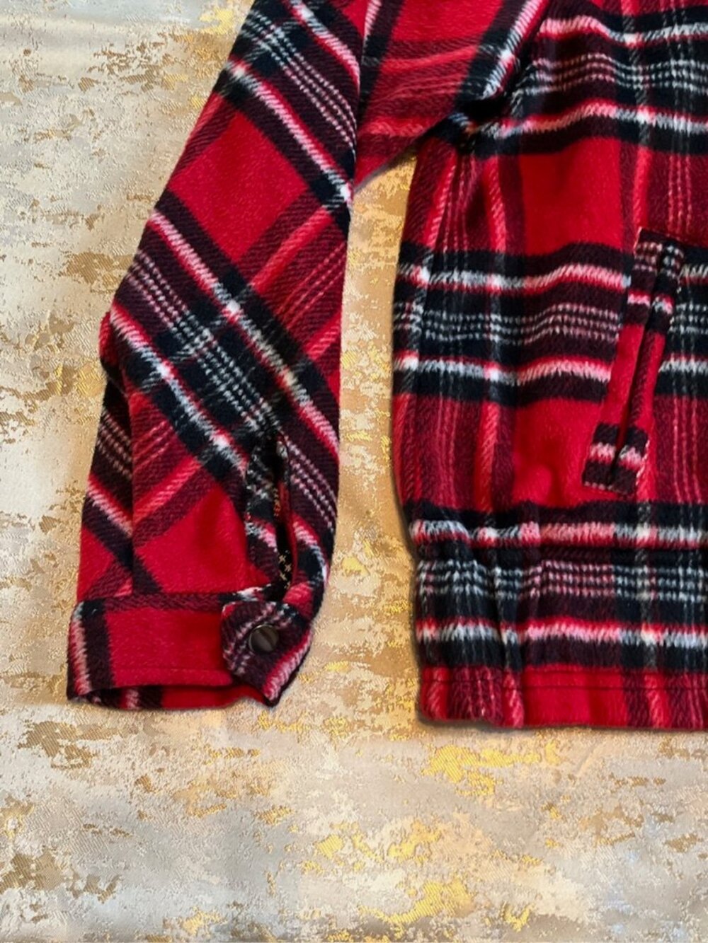 Christopher & Banks Fleece Jacket Womans Small Red Black Plaid Faux Fur Collar - Picture 6 of 15